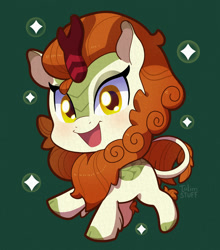 Size: 1300x1475 | Tagged: safe, artist:talimingi, imported from derpibooru, autumn blaze, kirin, awwtumn blaze, chibi, cute, female, green background, looking at you, open mouth, open smile, signature, simple background, smiling, smiling at you, solo, sparkles