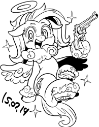 Size: 890x1142 | Tagged: safe, artist:nekubi, imported from derpibooru, oc, oc only, oc:angel-chan, pegasus, pony, black and white, floppy ears, grayscale, gun, handgun, hoof hold, looking at you, monochrome, neck fluff, open mouth, open smile, revolver, sitting, smiling, solo, spread wings, underhoof, unshorn fetlocks, weapon, wings