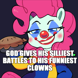 Size: 1124x1124 | Tagged: safe, artist:talimingi, imported from derpibooru, pinkie pie, earth pony, pony, clown, clown makeup, clown nose, female, food, grin, hoof hold, looking at you, mare, narrowed eyes, pie, red nose, simple background, smiling, smiling at you, solo, text