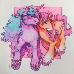 Size: 1965x1965 | Tagged: safe, artist:poniesart, imported from derpibooru, izzy moonbow, sunny starscout, earth pony, pony, unicorn, duo, female, g5, izzyscout, lesbian, shipping, traditional art