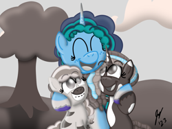 Size: 2160x1620 | Tagged: safe, artist:jesslmc16, idw, imported from derpibooru, unicorn, zebra, spoiler:comic, black and white, blue coat, braces, colored, comic, digital art, female, filly, foal, freckles, g5, grayscale, hug, looking at each other, looking at someone, mare, misty brightdawn, monochrome, procreate app, signature, simple background, skye, smiling, smiling at each other, threads, tree, trio, trio female, violette rainbow, vitiligo