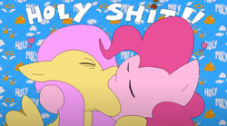 Size: 1280x714 | Tagged: safe, artist:gravity1037, imported from derpibooru, fluttershy, pinkie pie, earth pony, pegasus, female, flutterpie, funny, funny as hell, holy shit, kissing, lesbian, making out, meme, pizza tower, shipping, wat