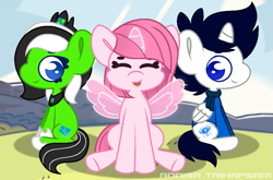 Size: 1013x667 | Tagged: safe, artist:einfacheve, artist:siti shafiyyah, artist:tanahgrogot, imported from ponybooru, oc, oc only, oc:annisa trihapsari, oc:light starole, oc:teahie, alicorn, earth pony, pony, unicorn, series:the galaxy crystal gems squad, series:the guardian of leadership, base used, chibi, clothes, eyes closed, female, looking at you, magic, male, open mouth, open smile, smiling, smiling at you, stallion, trio