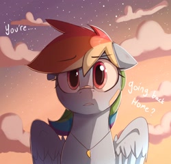 Size: 2167x2076 | Tagged: safe, artist:welost, imported from derpibooru, rainbow dash, pegasus, pony, bandaid, bandaid on nose, bust, cloud, concerned, dialogue, floppy ears, flower, flower in hair, jewelry, looking at you, pendant, portrait, solo