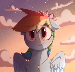 Size: 2167x2076 | Tagged: safe, alternate version, artist:welost, imported from derpibooru, rainbow dash, pegasus, pony, bandaid, bandaid on nose, bust, cloud, flower, flower in hair, happy, jewelry, looking at you, pendant, portrait, smiling, solo
