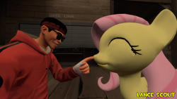 Size: 1920x1080 | Tagged: safe, artist:lance-pizon, imported from derpibooru, fluttershy, human, pegasus, 3d, boop, duo, duo male and female, female, gmod, happy, male, scout, team fortress 2, watermark