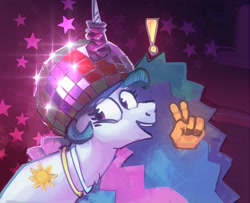 Size: 1920x1562 | Tagged: safe, artist:alumx, imported from derpibooru, princess celestia, alicorn, pony, disco ball, exclamation point, female, glowstick, hand, hat, magic, magic hands, mare, open mouth, open smile, peace sign, smiling, solo