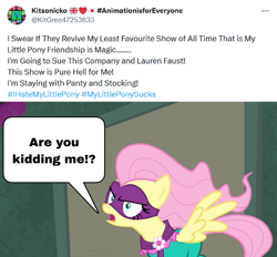 Size: 1442x1338 | Tagged: safe, edit, edited screencap, imported from ponybooru, screencap, fluttershy, saddle rager, pegasus, pony, power ponies (episode), angry, are you kidding me, female, kitsonicko, meme, meta, power ponies, solo, twitter