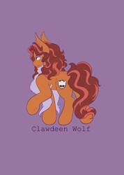 Size: 1462x2048 | Tagged: safe, artist:mscolorsplash, imported from derpibooru, earth pony, pony, clawdeen wolf, fangs, looking at you, monster high, name, ponified, purple background, simple background, smiling, smiling at you, solo