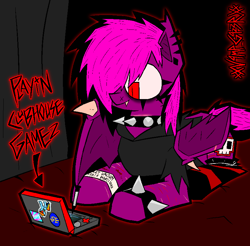 Size: 1630x1604 | Tagged: safe, artist:xxv4mp_g4z3rxx, imported from derpibooru, oc, oc:violet valium, bat pony, pony, 3ds, bags under eyes, bat pony oc, bat wings, bed, clothes, clubhouse games, collar, eyeshadow, hoodie, hospital band, lying down, makeup, piercing, ponyloaf, prone, red eyes, socks, solo, spiked collar, spiked wristband, striped socks, tail, two toned mane, two toned tail, wings, wristband