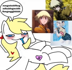 Size: 680x662 | Tagged: safe, imported from ponybooru, oc, oc:aryanne, earth pony, human, pony, 1000 hours in ms paint, aria property cinematic universe, aryanne being relatable, bed, blonde, blonde mane, blonde tail, blue eyes, blushing, blushing profusely, cat boy, drool, hellsing, lying down, ms paint, nazi, schrodinger, swastika, white coat