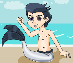 Size: 739x645 | Tagged: safe, artist:ocean lover, imported from derpibooru, rumble, human, merboy, mermaid, merman, background, beach, belly, belly button, child, cloud, confident, cute, fins, flexing, grin, human coloration, humanized, looking at you, male, male nipples, ms paint, nipples, nudity, ocean, outdoors, purple eyes, rumblebetes, sand, sitting, sky, sky background, smiling, smirk, tail, tail fin, two toned hair, water, wave