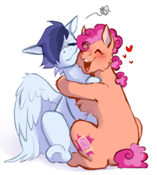 Size: 2690x3000 | Tagged: safe, artist:imgonadoponyoc, imported from derpibooru, oc, oc only, oc:poptarts pie, oc:pulse storm, earth pony, pegasus, pony, blushing, eyes closed, female, floating heart, hair over one eye, heart, hug, male, mare, offspring, parent:cheese sandwich, parent:pinkie pie, parent:rainbow dash, parent:soarin', parents:cheesepie, parents:soarindash, simple background, sitting, stallion, white background