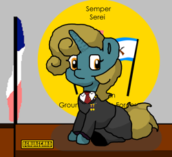 Size: 600x550 | Tagged: safe, artist:republic ball, imported from derpibooru, oc, oc only, oc:caltana beauregard, pony, unicorn, bust, clothes, crystal curtain: world aflame, desk, equestrian flag, flag, general, ground defence forces, horn, looking at you, medals, necktie, paint.net, pants, portrait, seal in background, skirt, solo, suit, unicorn oc