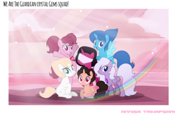 Size: 2675x1734 | Tagged: safe, artist:hatsuukki, artist:siti shafiyyah, imported from derpibooru, alicorn, earth pony, hybrid, pegasus, pony, unicorn, spoiler:steven universe, spoiler:steven universe: the movie, amethyst, amethyst (steven universe), artificial wings, augmented, base used, cartoon network, crystal gems (steven universe), equine, female, feralized, furrified, fusion, garnet (steven universe), gem, gem (steven universe), glasses, group, happy, headwear, hydrokinesis, ibis paint, lapis lazuli, lapis lazuli (steven universe), looking at you, magic, magic wings, male, my little pony, open mouth, open smile, pearl, pearl (steven universe), ponified, sextet, shield, simple background, smiling, smiling at you, spear, species swap, spinel, spinel (steven universe), spoiler, steven universe, steven universe (steven universe), steven universe: the movie, sunlight, sunset, sword, text, visor, water, water wings, watermark, weapon, whip, wings