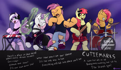 Size: 2800x1627 | Tagged: safe, artist:passionpanther, imported from derpibooru, apple bloom, babs seed, diamond tiara, scootaloo, sweetie belle, earth pony, pegasus, pony, unicorn, angry, clothes, cutie mark crusaders, drums, electric guitar, eyes closed, guitar, microphone, musical instrument, piercing, punk, punk rock, rock band, song reference, stage, vylet pony