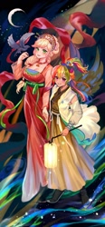 Size: 952x2048 | Tagged: safe, artist:卯卯七, imported from derpibooru, applejack, rainbow dash, bird, human, bell, blushing, breasts, cleavage, clothes, dress, female, hairclip, headdress, holding hands, humanized, jewelry, kimono (clothing), lantern, lesbian, looking at you, moon, necklace, paper lantern, ponytail, ribbon, smiling, smiling at you, stars, winged humanization, wings