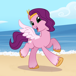 Size: 2872x2852 | Tagged: safe, artist:nika-rain, imported from derpibooru, pipp petals, pegasus, pony, beach, coat markings, cute, diadem, female, g4, g5, g5 to g4, generation leap, headband, jewelry, mare, open mouth, open smile, regalia, show accurate, smiling, socks (coat markings), solo, spread wings, vector, walking, wings