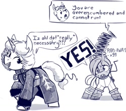 Size: 1438x1272 | Tagged: safe, artist:shouldbedrawing, imported from derpibooru, oc, oc only, earth pony, pony, unicorn, clothes, coat, dialogue, duo, facial scar, female, mare, monochrome, overencumbered, rad away, scar, simple background, spacesuit, speech bubble, sweat, white background