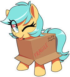 Size: 1800x2000 | Tagged: safe, artist:thebatfang, oc, oc:boxfilly, pegasus, pony, box, cute, female, filly, looking at you, one eye closed, simple background, solo, tongue out, transparent background, wink, winking at you