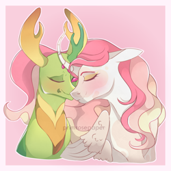 Size: 1280x1280 | Tagged: safe, artist:primrosepaper, imported from derpibooru, princess celestia, thorax, alicorn, changedling, changeling, pony, blushing, border, curved horn, eyes closed, female, floppy ears, horn, king thorax, male, nuzzling, pink background, shipping, simple background, straight, thoralestia, watermark