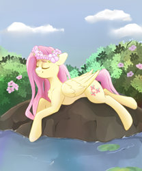 Size: 1000x1200 | Tagged: safe, artist:uberponya, imported from derpibooru, fluttershy, pegasus, pony, eyes closed, floral head wreath, flower, lying down