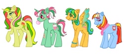 Size: 679x300 | Tagged: safe, artist:partyponypower, imported from derpibooru, bright eyes, fizzy, masquerade (g1), mimic (g1), earth pony, pegasus, pony, twinkle eyed pony, unicorn, alternate cutie mark, bandaid, bracelet, bubblegum, colored wings, food, g1, gradient wings, gum, handkerchief, jewelry, wings