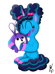 Size: 1620x2160 | Tagged: safe, artist:jesslmc16, imported from derpibooru, rabbit, unicorn, spoiler:g5, spoiler:my little pony: make your mark, spoiler:my little pony: make your mark chapter 5, afro puffs, animal, blank flank, digital art, female, filly, foal, g5, hug, misty brightdawn, my little pony: make your mark, my little pony: make your mark chapter 5, pigtails, plushie, procreate app, signature, simple background, sitting, smiling, toy, white background, younger