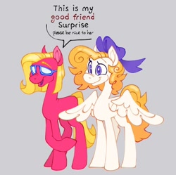 Size: 680x676 | Tagged: safe, artist:partyponypower, imported from derpibooru, shady, surprise, earth pony, pegasus, pony, bow, curly hair, dialogue, duo, g1, purple eyes, simple background, smiling, sunglasses, yellow hair