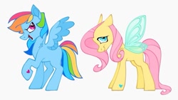 Size: 680x382 | Tagged: safe, artist:partyponypower, imported from derpibooru, fluttershy, rainbow dash, pegasus, pony, alternate design, blue eyes, colored wings, flutterfly, hoof heart, magenta eyes, missing cutie mark, multicolored hair, pink hair, rainbow hair, redesign, simple background, underhoof, white background, wings