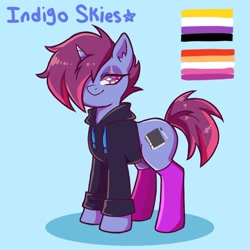 Size: 1500x1500 | Tagged: safe, artist:artkett1412, imported from derpibooru, oc, oc:indigo sky, pony, unicorn, bedroom eyes, blue background, clothes, ear fluff, hair over one eye, hoodie, horn, lesbian pride flag, looking at you, nonbinary, nonbinary pride flag, pride, pride flag, simple background, smiling, smiling at you, socks, solo, unicorn oc