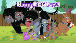 Size: 5360x3015 | Tagged: safe, artist:andoanimalia, imported from derpibooru, fido, orthros, princess thunder guts, ripley, rover, spike, spot, winona, cerberus, diamond dog, dog, equestria girls, backyard, multiple heads, spike the dog, three heads, two heads