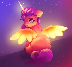 Size: 2140x2002 | Tagged: safe, artist:itssim, imported from derpibooru, sunny starscout, alicorn, pony, cheek fluff, female, fluffy, g5, looking at you, looking back, looking back at you, mare, race swap, sitting, solo, sunnycorn