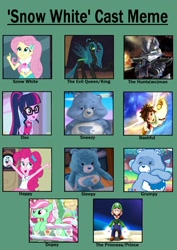 Size: 1220x1720 | Tagged: safe, artist:user15432, edit, edited screencap, imported from derpibooru, screencap, fluttershy, minty, pinkie pie, queen chrysalis, sci-twi, twilight sparkle, changeling, earth pony, human, pony, equestria girls, equestria girls series, fluttershy's butterflies, mirror magic, street chic, sundae sundae sundae, spoiler:eqg series (season 2), spoiler:eqg specials, spoiler:interseason shorts, angel, bedtime bear, care bears, crossover, evil queen, fairy tale, grumpy bear, huntsman, kid icarus, kid icarus: uprising, luigi, messy bear, pit (kid icarus), snow white, snow white and the seven dwarfs, star fox, super mario bros., super mario galaxy, super smash bros., super smash bros. brawl, the evil queen