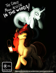 Size: 4600x6000 | Tagged: safe, artist:misstwipietwins, imported from derpibooru, oc, oc:glis sen, oc:sile, ghost, ghost pony, kirin, undead, unicorn, comic:the ghost mare-nsion in the woods, comic, comic cover, horn, kirin oc, lantern, magic, rated, rating, unicorn oc