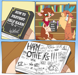 Size: 2001x1927 | Tagged: safe, artist:kysvil_xoxo, imported from derpibooru, cow, deer, reindeer, them's fightin' herds, arizona (tfh), book, comic, community related, reading, velvet (tfh)