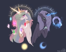 Size: 2048x1620 | Tagged: safe, artist:petaltwinkle, imported from derpibooru, princess celestia, princess luna, alicorn, pony, blue background, crescent moon, crying, duo, element of generosity, element of honesty, element of kindness, element of laughter, element of loyalty, element of magic, elements of harmony, eyes closed, female, flower, flower in hair, frown, glowing, glowing horn, helmet, horn, implied nightmare moon, levitation, magic, mare, moon, royal sisters, sad, siblings, signature, simple background, sisters, sun, telekinesis