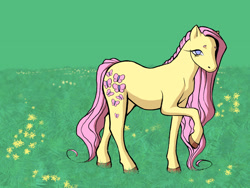 Size: 2048x1536 | Tagged: safe, artist:dreamscreep, imported from derpibooru, fluttershy, earth pony, all fours, blue eyes, cutie mark, flower, g4, grass, hooves, outdoors, pink mane, pink tail, solo, tail, yellow coat