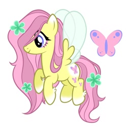 Size: 1280x1280 | Tagged: safe, artist:dreamscreep, imported from derpibooru, fluttershy, butterfly, flutter pony, pony, blue eyes, cutie mark, flower, flower in hair, insect wings, pink mane, pink tail, redesign, simple background, solo, tail, white background, wings, yellow coat