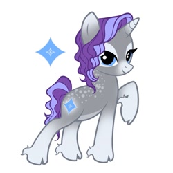 Size: 1280x1280 | Tagged: safe, artist:dreamscreep, imported from derpibooru, rarity, unicorn, all fours, blue eyes, cloven hooves, coat markings, cutie mark, g4, gray coat, horn, lidded eyes, looking at you, purple mane, purple tail, redesign, simple background, smiling, smiling at you, socks (coat markings), solo, spots, tail, wavy mane, wavy tail, white background