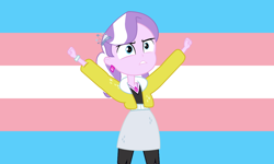 Size: 1200x720 | Tagged: safe, imported from ponybooru, diamond tiara, equestria girls, angry, bracelet, clothes, diamond, ear piercing, earring, female, gender headcanon, headcanon, jewelry, lgbt, lgbt headcanon, lgbtq, necklace, piercing, pride, pride flag, skirt, solo, tiara, trans female, transgender, transgender pride flag