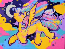 Size: 1280x966 | Tagged: safe, artist:poniesart, imported from derpibooru, ringlet, pegasus, pony, cloud, cloudy, crescent moon, flying, g1, moon, painting, rainbow curl pony, solo, traditional art