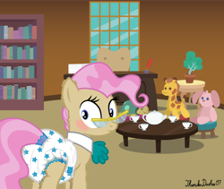 Size: 1280x1080 | Tagged: safe, artist:thunderdasher07, imported from derpibooru, mayor mare, earth pony, giraffe, pony, rabbit, turtle, abdl, adult foal, animal, blushing, book, bookshelf, butt, butt focus, caught, chair, cup, desk, diaper, diaper butt, diaper fetish, ear fluff, female, fetish, glasses, hoof fluff, inkwell, leg fluff, looking back, mare, neck fluff, non-baby in diaper, non-dyed mayor, office, paper, pink mane, pinpoint eyes, plot, plushie, poofy diaper, potted plant, quill, solo, stool, table, tea party, teacup, teapot, wide eyes, window