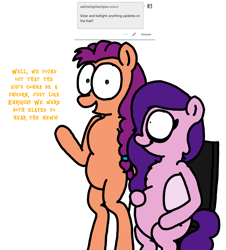 Size: 3023x3351 | Tagged: safe, artist:professorventurer, imported from derpibooru, pipp petals, sunny starscout, earth pony, pegasus, pony, series:ask pippamena, bipedal, braid, braided ponytail, chair, chest fluff, dialogue, duo, duo female, female, folded wings, g5, hair tie, lesbian, looking at someone, looking at you, mare, pippamena, ponytail, pregnant, primrose petals, raised hoof, shipping, simple background, sitting, smiling, smiling at you, sunnypipp, white background, wings