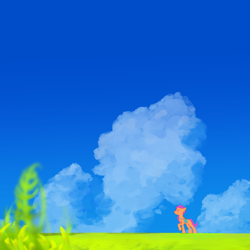 Size: 2000x2000 | Tagged: safe, artist:pascal571, imported from derpibooru, sunny starscout, earth pony, pony, bag, cloud, female, g5, mare, meadow, raised hoof, saddle bag, scenery, sky, smiling, solo