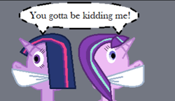 Size: 336x195 | Tagged: safe, imported from derpibooru, starlight glimmer, twilight sparkle, alicorn, pony, unicorn, cloth gag, gag, muffled words, twilight sparkle (alicorn)