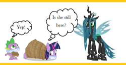 Size: 746x389 | Tagged: safe, imported from derpibooru, queen chrysalis, spike, twilight sparkle, alicorn, changeling, dragon, pony, unicorn, bondage, cloth gag, gag, over the nose gag, rope, rope bondage, scared, thought bubble, twilight sparkle (alicorn), worried