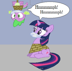 Size: 361x356 | Tagged: safe, imported from derpibooru, spike, twilight sparkle, dragon, pony, unicorn, bondage, bound and gagged, cloth gag, gag, hanging, hanging upside down, muffled words, over the nose gag, upside down