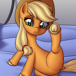 Size: 1080x1080 | Tagged: safe, artist:nikuriii, imported from derpibooru, applejack, earth pony, pony, ear fluff, female, frog (hoof), frown, mare, raised leg, solo, underhoof, unshorn fetlocks