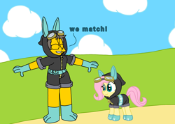 Size: 2808x1999 | Tagged: safe, artist:haileykitty69, imported from derpibooru, fluttershy, human, pegasus, pony, clothes, costume, crossover, crossover shipping, dangerous mission outfit, eyes closed, fluttermour, goggles, hoodie, interspecies, matching outfits, seymour skinner, shipping, smiling, the simpsons